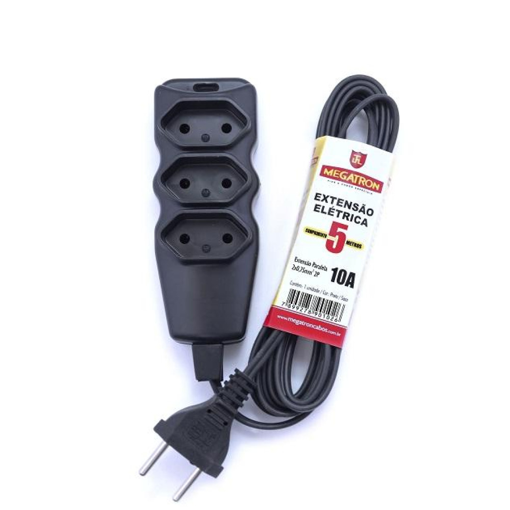 Extensao Eletrica 250V 10A 3 Tomadas 2P 5 0M Bivolt Preta 102 Megatron